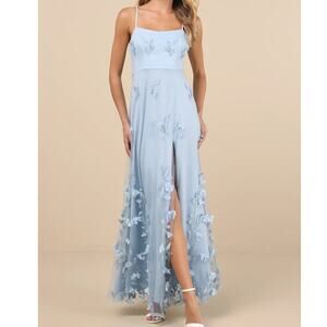 Lulus NWOT Abundant Charm Light Blue 3D Floral Applique Sheer Maxi Dress XL